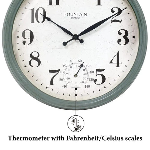 Cool Outdoor And Indoor Weather Station Clock With Thermometer Fahrenheit And Celsius Analog Two In One Wall Decor In Aged Teal Finish 13 Inch Perfect For Patio Porch Garden Kitchen Or Office Wall Mount showing close-up of thermometer in Fahrenheit and Celsius.
