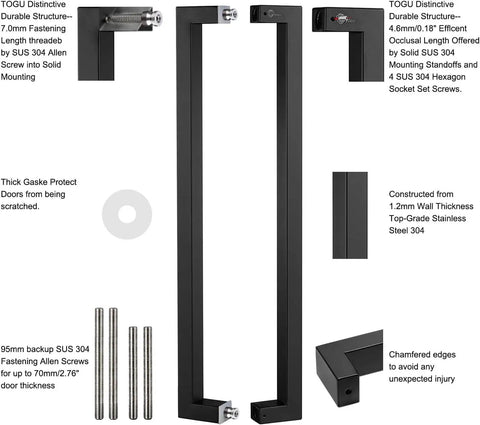 12 Inch Heavy Duty Stainless Steel Door Handle With Solid Standoffs, Rectangle Push-Pull Design, SUS 304 Matte Black, R3825, Tough As Nails Built To Last For High-Traffic Commercial Doors, front view with hardware