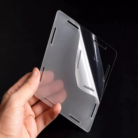 Close-up of protective film on Clear Acrylic Display Case For 75331 Razor Crown Airship Model, 3 mm thick panel shown.