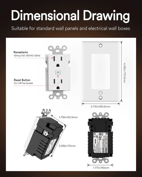 Smart In Wall Outlet With Voice Control For Alexa And Google Home ETL And FCC Certified 2.4G WiFi Name Each Outlet Control Individually Or All Remote Access From Anywhere Easy Install With Screws
