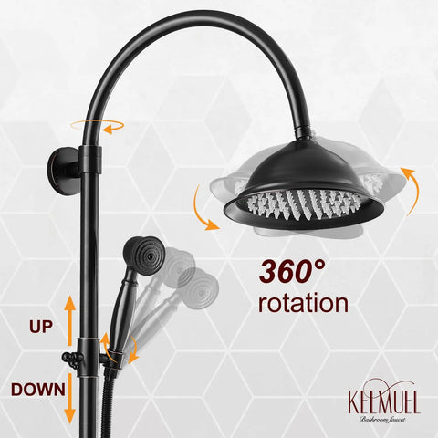 Oil Rubbed Bronze Exposed Pipe Shower System with 8 Inch Rainfall Round Head, Wall Mount Mixer, 360-degree rotation feature visible.