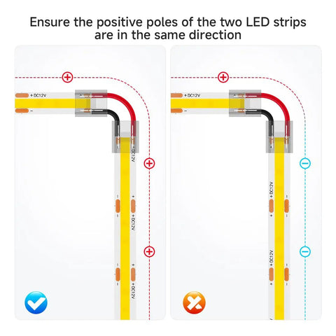 Diagram showing correct and incorrect wiring of FCOB LED Connector Kit 8mm 0.31in Transparent Solderless Connectors For Gapless Strip To Strip And Corner Joints.
