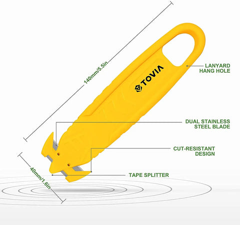 50 Pack Safety Box Cutter With Double Sided Concealed Blade Stainless Steel Package Opener with hanging hole and tape splitter
