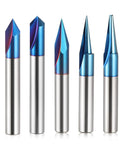 All In One 5 Piece CNC Wood Carving Router Bits Set With One Quarter Inch Shank, 15 Degree Detail Liner, Blue Coating, on display