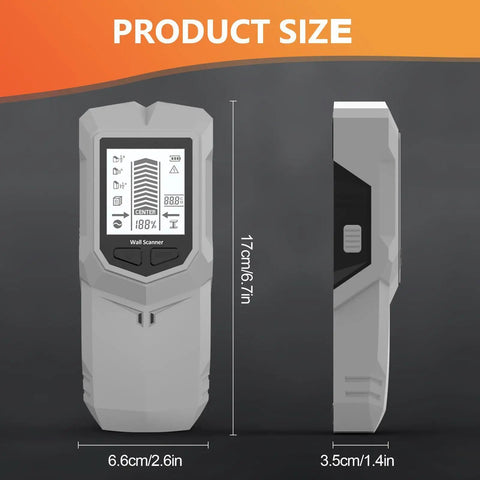 Stud Finder Leveler, Detector, Depth Recognition Detector Tool displayed with size dimensions 17cm by 6.6cm, in gray design.
