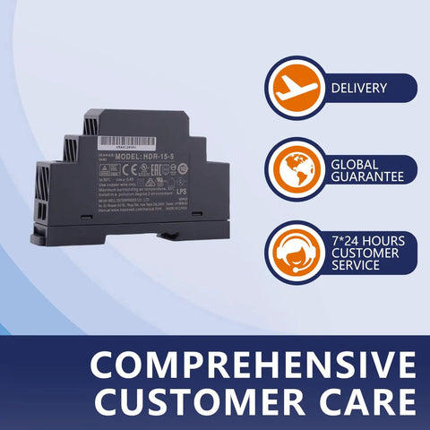 Rock Solid 15W 5V Din Rail Power Supply crafted for home automation builds, showing product model HDR-15-5 with customer service icons.