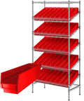 Heavy Duty Garage And Office Storage Shelving Unit With 40 Plastic Bins, 18X36X74 Commercial Wire Rack For Tools, Red Steel Frame showing red bins.
