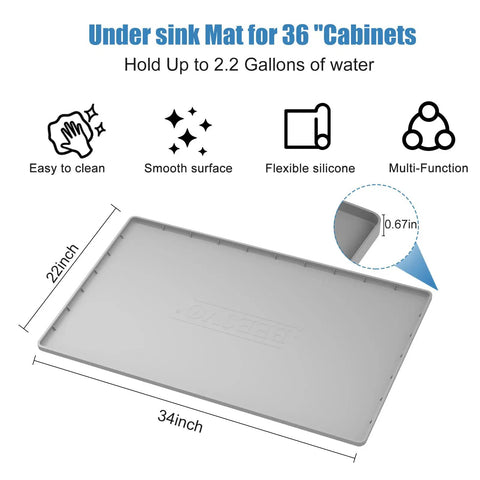 Infographic of Under Sink Mat For Kitchen Waterproof 34 x 22 Inch Silicone Cabinet Liner detailing dimensions and features