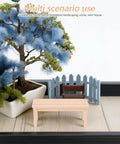 Wooden Dollhouse Bench 1:12 Scale Miniature Furniture For Fairy Garden Micro Landscapes Beige Finish, on display with plants.