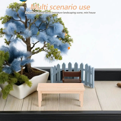 Wooden Dollhouse Bench 1:12 Scale Miniature Furniture For Fairy Garden Micro Landscapes Beige Finish, on display with plants.