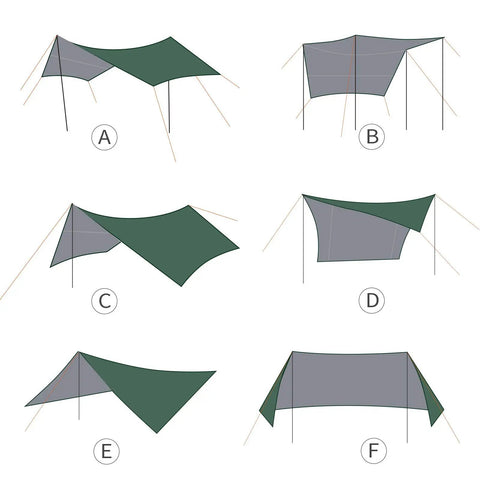 Hexagon Hammock Rain Fly Waterproof Camping Tarp 12x10 To 15x14 Ft setup diagrams