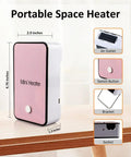 Portable Mini Space Heater For Home Office Desktop Pink With Auto Shut Off Safety features and dimensions displayed.