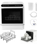 Plug And Play Countertop Dishwasher Featuring Six Liter Built In Water Tank And Zero Plumbing Grind Required Perfect For Renters Compact Kitchens And Hassle Free Cleanup with accessories and dishes.
