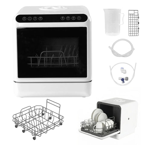 Plug And Play Countertop Dishwasher Featuring Six Liter Built In Water Tank And Zero Plumbing Grind Required Perfect For Renters Compact Kitchens And Hassle Free Cleanup with accessories and dishes.