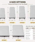 Diagram showing 6 size options for 2 Inch Memory Foam Comfy Camping Cot Pad For Folding Cots With Removable Cover Non Slip Waterproof Bottom Portable Roll Up Camp Gear For Car Camping Tent Trips RV Travel Pad Only, ranging from 62x24 to 80x60 inches.