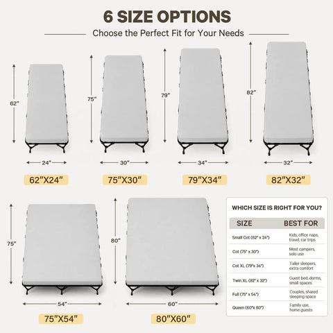 Diagram showing 6 size options for 2 Inch Memory Foam Comfy Camping Cot Pad For Folding Cots With Removable Cover Non Slip Waterproof Bottom Portable Roll Up Camp Gear For Car Camping Tent Trips RV Travel Pad Only, ranging from 62x24 to 80x60 inches.