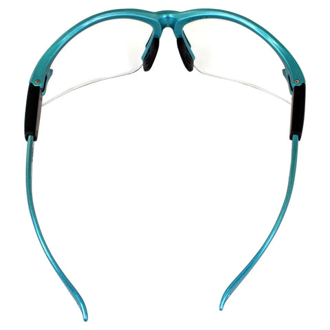 Back view of Cougar Womens Lab Safety Glasses With Turquoise Frames And Clear Lenses, Shatterproof Polycarbonate Lenses