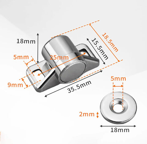 Premium Bright Silver Zinc Alloy Cabinet Door Magnetic Catch With Strong Closure Latch dimensions 35.5mm x 18mm x 9mm for cupboard use.