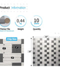 Product information for 10 Pack Self Adhesive Metal Backsplash Tiles For Kitchen Or Bathroom Peel And Stick 12 By 12 Silver Aluminum DIY Friendly Dry Install No Mess Covers About 10 Sq Ft, includes dimensions and weight.