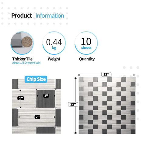 Product information for 10 Pack Self Adhesive Metal Backsplash Tiles For Kitchen Or Bathroom Peel And Stick 12 By 12 Silver Aluminum DIY Friendly Dry Install No Mess Covers About 10 Sq Ft, includes dimensions and weight.