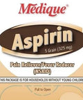 Front view of aspirin bottle labeled Medique with two surrounding drug facts panels