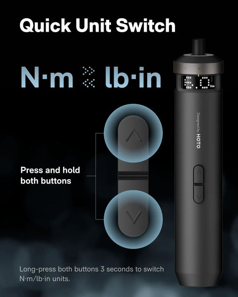 Electric Screwdriver Workhorse With Smart Display, Six Torque Settings From 0.5 To 6 Nm, Quarter Inch Hex, close-up of unit switch