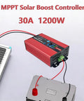 High-Efficiency MPPT Solar Charge Controller 30A 1200W with Step-Up to 48/60/72V connected to a solar panel and battery