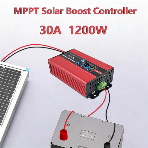 High-Efficiency MPPT Solar Charge Controller 30A 1200W with Step-Up to 48/60/72V connected to a solar panel and battery