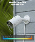 5MP PoE Security Camera For Home And Outdoor Use mounted on wall, weatherproof design, rain and temperature graphic shown