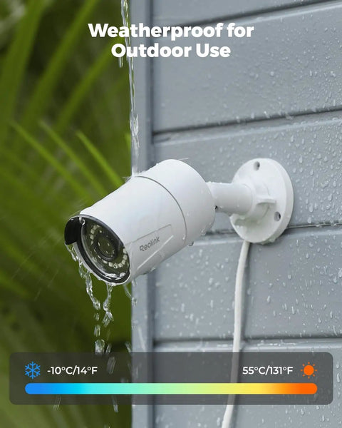 5MP PoE Security Camera For Home And Outdoor Use mounted on wall, weatherproof design, rain and temperature graphic shown