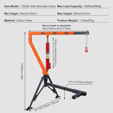 Beefy Heavy Duty Receiver Hitch Mounted Hydraulic Swivel Crane For Trucks With Telescoping Boom And 1500 Lb Lift Capacity Three Adjustable Capacities 750 1000 1500 Lb 360 Degree Rotation Easy Install For Pickup