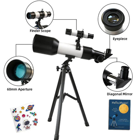 Totally Kid Friendly 60mm Telescope With 18x To 90x Magnification, showing tripod, eyepiece, finder scope, and educational book.