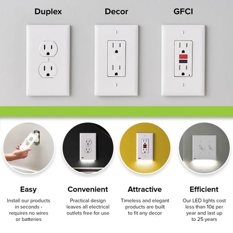 Comparison of wall plates featuring Motion Detecting LED Night Light Built Into Wall Plate For Duplex Outlets With No Sweat Install Auto On Off Sensor And Bright Dim Off Settings Easy Install White Finish.