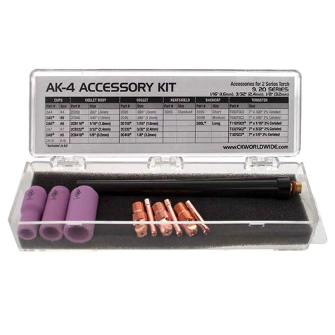 2 Series TIG Torch Consumables Kit For AK 4 Series Includes One Sixteenth Inch Cup, Three Thirty Second Inch Cup, display case