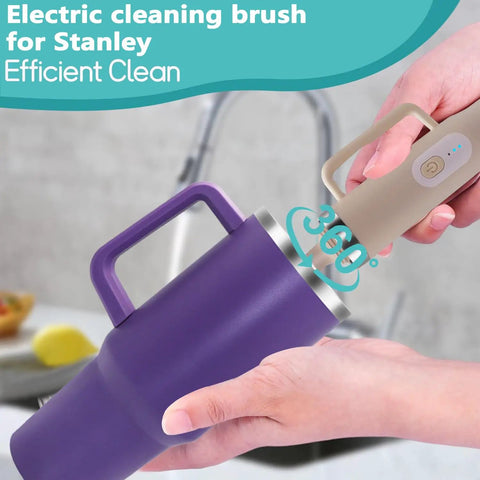5 In 1 Electric Bottle Brush Cleaner Dual Speed Rechargeable IPX6 Waterproof in use on a purple mug, showing effortless cleaning