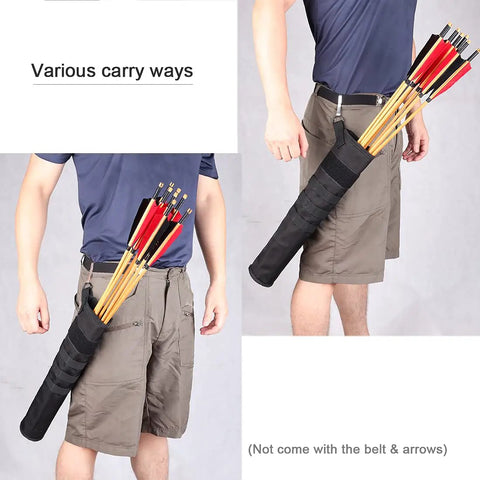 Lightweight Back And Hip Arrow Quiver Dual Use Foldable Bag for target shooting, attached to a belt with arrows inside.