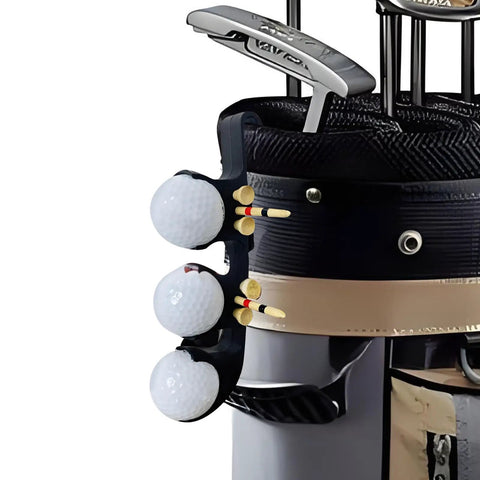 2 In 1 Golf Ball Tees Holder With Quick Release Hook attached to golf bag, holds 3 balls and 6 tees, durable ABS material