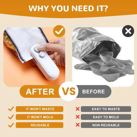 Comparison of 2 In 1 Rechargeable Bag Sealer With Cutter And Magnet in use versus open chip bag, highlights food preservation benefits. White.