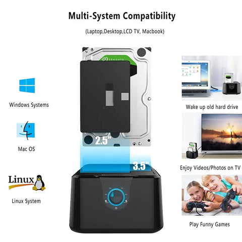 Premier Dual Bay External Hard Drive Docking Station Supporting 2.5 And 3.5 Inch SSD And HDD Drives Via Rapid SATA III To USB 3.0 Connection displaying compatibility with Windows, Mac, and Linux.