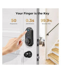 Straight Up Secure Keyless Entry Deadbolt Lock With Fast Fingerprint Scan Bluetooth App Control And Password Backup Key mounted on a door with a hand using the keypad.