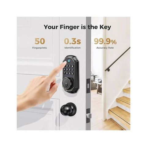 Straight Up Secure Keyless Entry Deadbolt Lock With Fast Fingerprint Scan Bluetooth App Control And Password Backup Key mounted on a door with a hand using the keypad.