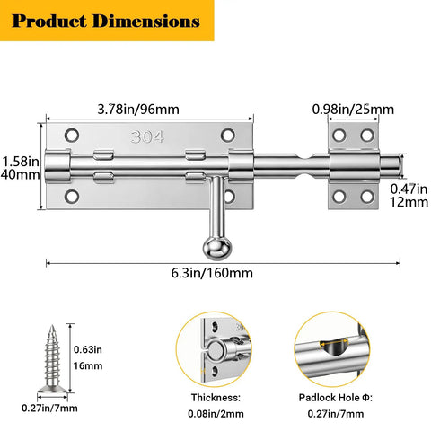 Tough As Nails Heavy Duty 6.3 Inch Barrel Bolt Door Latch with dimensions displayed, SUS 304 Stainless Steel construction.