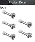 Heavy Duty Metal Furniture Connector Kit Featuring Hella Sturdy Cam Lock Fittings Snug Dowel Pins And Prethreaded Inserts For No Sweat Cabinet Drawer And Wardrobe Assembly On Chipboard Wood Panels 5 Pack - five metal cam lock fittings with white inserts.