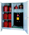 Vertical Flammable Storage Cabinet With 115 Gallon Drum Capacity And Steel Frame For Safer Chemical Organization Fm Approved And Osha Compliant showing drums and cans organized behind doors.