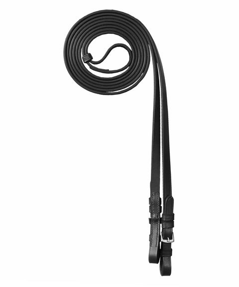 Premium English Dressage Double Bridle Curb Reins For Horses, black 13 mm wide vegetable-tanned leather, coiled view