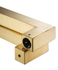 Beefy Heavy Duty Commercial Grade 18 Inch Satin Gold Push Pull Door Handle In Solid Stainless Steel 304 1.2mm Thick 30x30mm Square Cross Section Chamfered Edges 450mm Grip 420mm Bolt Spacing Durable Modern Finish close-up of corner joint