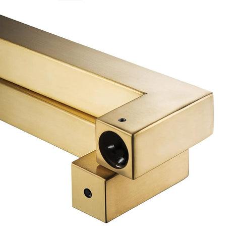 Beefy Heavy Duty Commercial Grade 18 Inch Satin Gold Push Pull Door Handle In Solid Stainless Steel 304 1.2mm Thick 30x30mm Square Cross Section Chamfered Edges 450mm Grip 420mm Bolt Spacing Durable Modern Finish close-up of corner joint