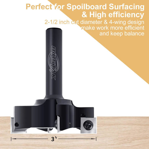 CNC Spoilboard Surfacing Router Bit With Half Inch Shank And Two And A Half Inch Cutting Diameter Four Wing Beefy Carbide Insert Slab Flattening Planer Bit For Heavy Duty Woodworking And Smooth Flat Surfacing