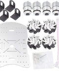 Moebius metal mecanum omni-wheel robot kit: aluminum chassis plate, 4x 12V encoder motors, brackets, wheels, screws, and cables