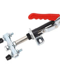 Beefy Quick Release Push Pull Toggle Clamp With Adjustable Elbow Joint And 185 Degree Handle For Metalworking Woodworking Welding And Machinery Maintenance Built From High Carbon Steel For Heavy Duty Precision Clamping, red handle, side view